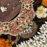 Vriksham Floral Style Kundan Jadau Short Neckpiece-Aqua Green Bead-J3381